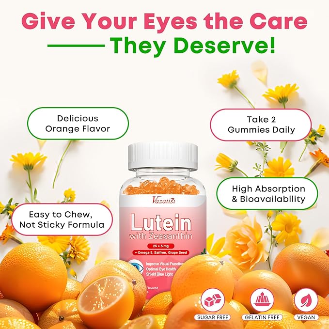 Lutein and Zeaxanthin Supplements Gummies, Advanced Eye Vitamin Supplement with Bilberry, Saffron, Grape Seed, Omega 3 for Macular Health, Dry Eye, Visual Function - Orange Flavor, 120 Count