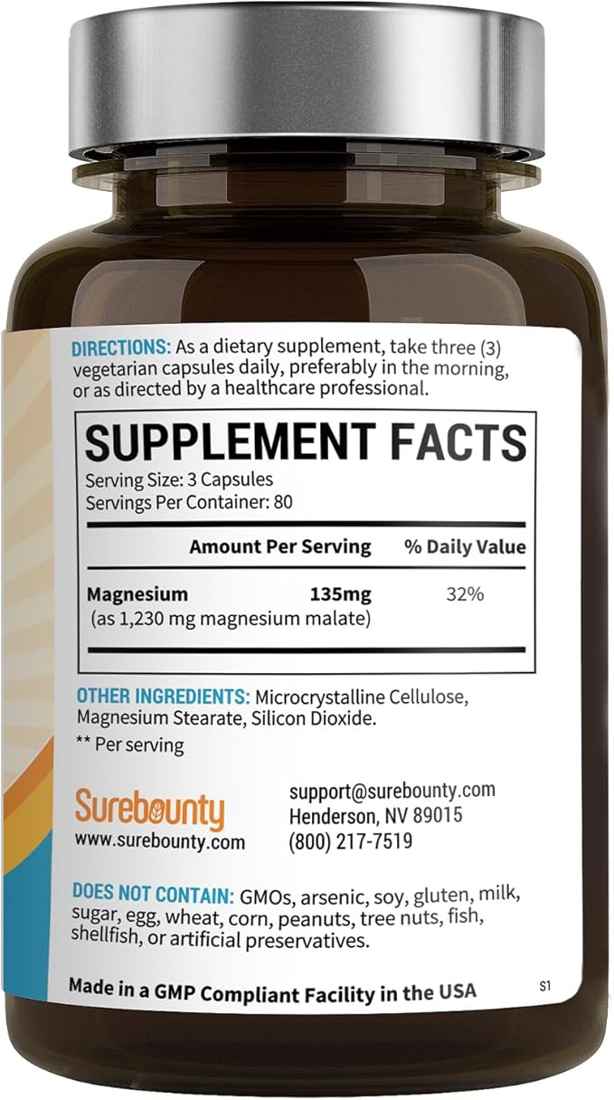 Magnesium Malate Capsules 410mg, Magnesium Supplement, Chelated, High Absorption, Energy Production & Muscle Support for Children, Teenagers, and Adults, 240 Vegan Caps