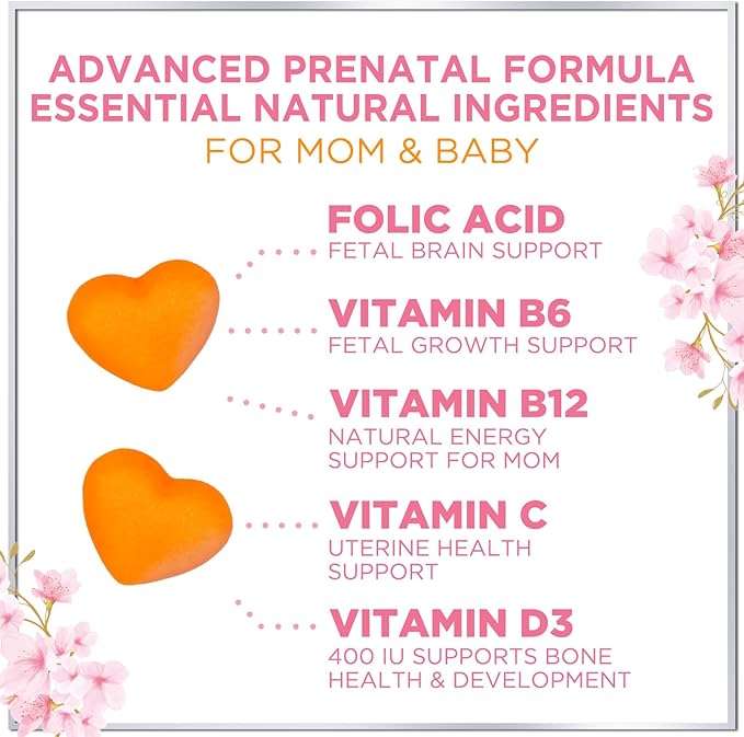 Prenatal Vitamins for Women with DHA & Folic Acid - Best Prenatal Multivitamin Gummies for Women, Brain Development Support, Folate, Vitamin C, D3 & B12, Pre Natal Pregnancy Supplement - 60 Gummies
