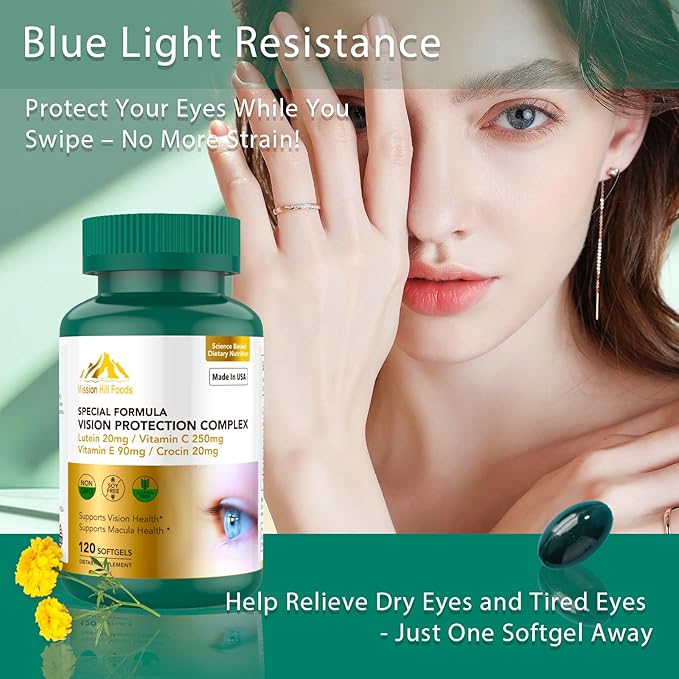 Lutein and Zeaxanthin Supplements - 6 in 1 Vision Protection Complex with Lutein, Zeaxanthin, Astaxanthin, Crocin, Vitamin C & E, 120 Softgels, Non-GMO, Gluten-Free, Supports Eye Health