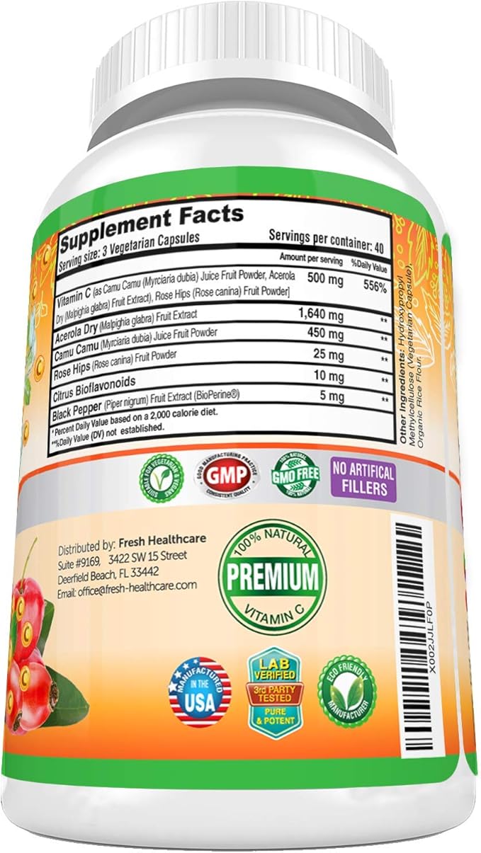 Fresh Healthcare 100% Natural Vitamin C - 500mg from Rose HIPS, Acerola Cherry & Camu Camu - High Absorption Immune Support, Skin, Joint & Collagen Booster with Citrus Biflavonoids - 120 Capsules