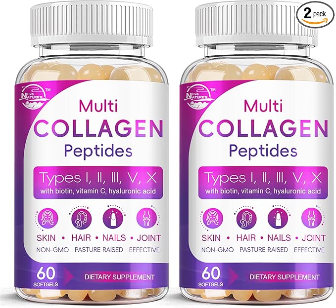 Multi Collagen Peptides Softgel - Type I, II, III, V, X - Hydrolyzed Collagen Peptides with Biotin, Vitamin C, Hyaluronic Acid, Supports Skin Hair Nail, Grass-Fed, Non-GMO, 60 Softgel, 2 Pack