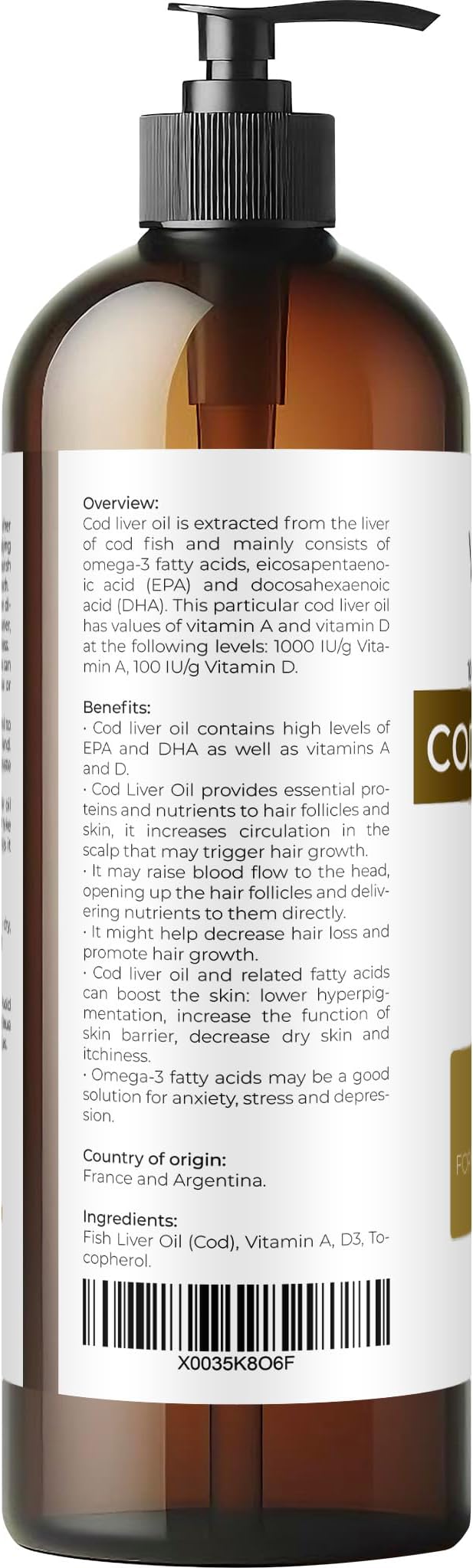 velona Cod Liver Oil - 16 Fl Oz | 1,000A/100D IU/g Omega 3 Vitamins A & D3 | Norwegian Arctic Sustainably Sourced Nordic Oil | Hair, Body and Skin Care | Use Today - Enjoy Results