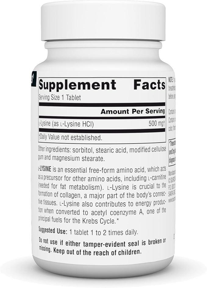 Source Naturals L-Lysine Free Form -Amino Acid Supplement Supports Energy Formation & Collagen* - 500 mg- 50 Tablets