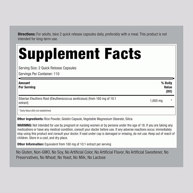 Piping Rock Siberian Eleuthero Root Capsules 1600mg | 220 Count | Concentrated Herbal Extract | Non-GMO, Gluten Free Supplement