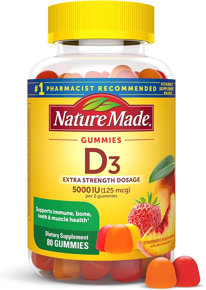 Nature Made Extra Strength Vitamin D3 5000 IU (125 mcg) per serving, Dietary Supplement for Bone, Teeth, Muscle and Immune Health Support, 80 Gummies, 40 Day Supply