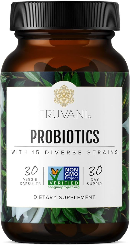 Truvani Probiotic Supplement | 30 Servings | 15 Billion CFU | 15 Diverse Strains for Digestive, Immune & Brain Health Support | Shelf-Stable Vegan Capsules | Non-GMO, No Fillers