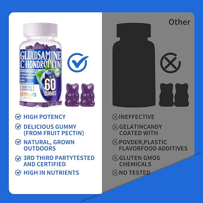 Glucosamine Chondroitin Gummies with MSM & Elderberry Extra Strength - Joint Support, Antioxidant Immune Support Supplement for Adults, Men & Women.60 Blueberry Gummies