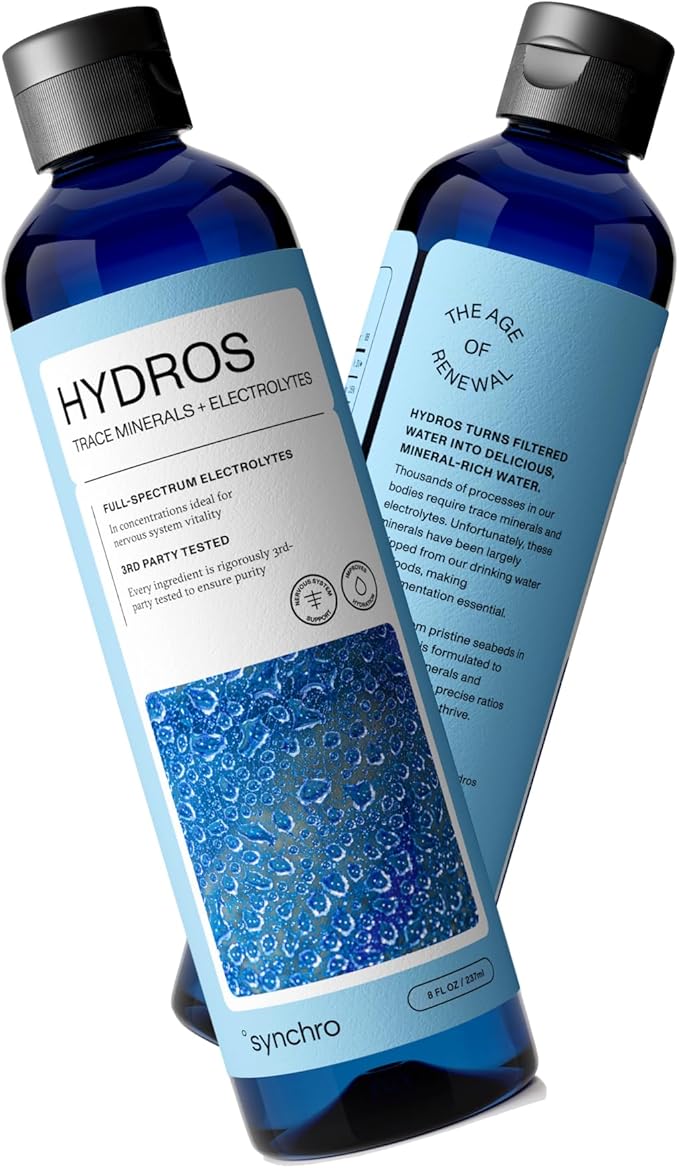 Synchro - Hydros Trace Mineral Drops with Electrolytes, Mineral-Rich Water Drop for Electrolyte Water, Hydrating Electrolyte Drops for Nervous System Support, Mineral Drops for Drinking Water, 8 fl oz