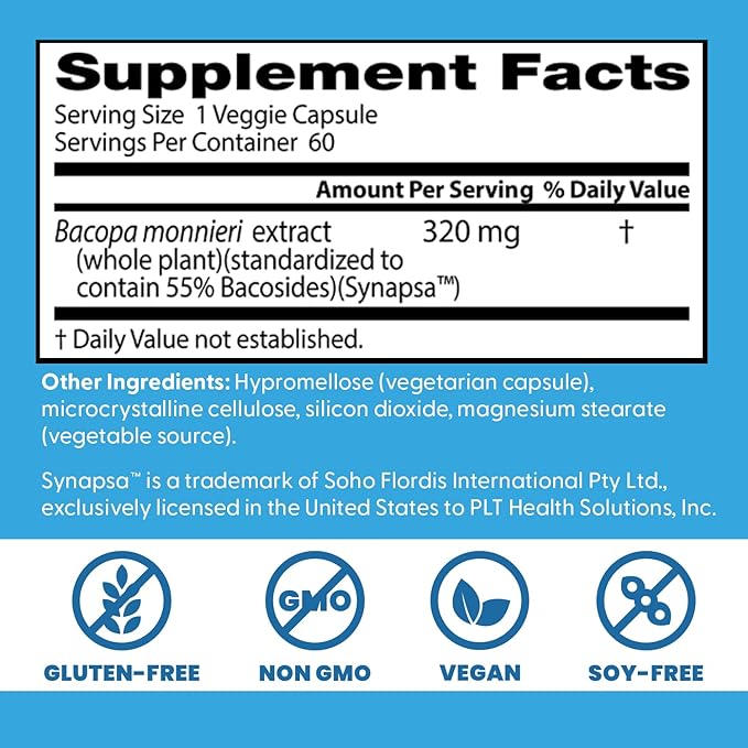 Doctors Best Bacopa with Synapsa, Supports Cognitive Performance, Non-GMO, Gluten Free, Soy Free, Vegan 60 Veggie Caps