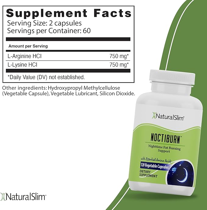 NaturalSlim Night Time Fat Burner for Women & Men - Noctiburn Overnight Fat Burning Supplements with Essentials Amino Acid for Night Burn Metabolism Support - 120 Vegetable Capsules