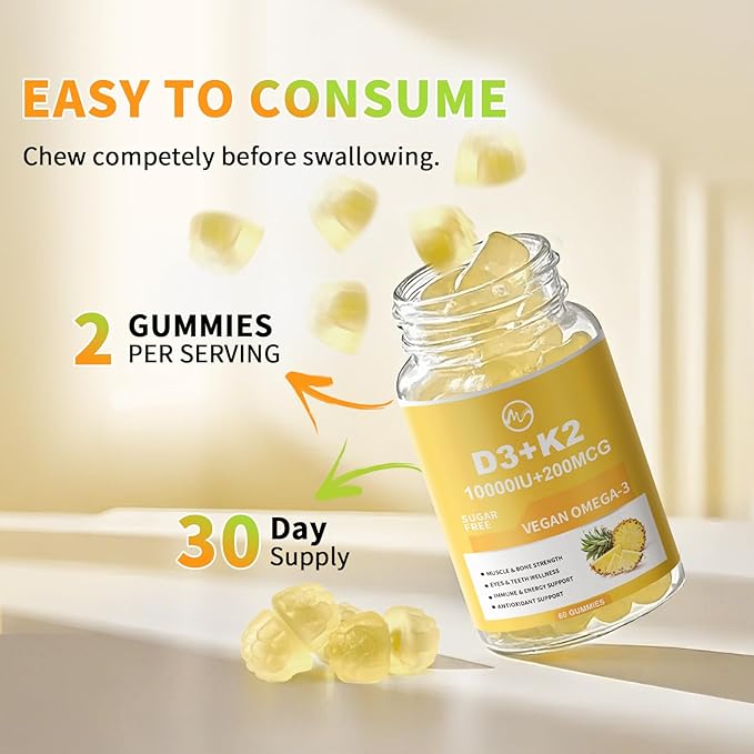 Vitamin D3 K2 Filled Gummies, Vitamin D3 10000IU, K2 (MK-7) 200mcg, Sugar Free K2 D3 Vitamin Supplement with Omega-3, Calcium, Magnesium, Zinc for Muscle, Bones & Immune Support, 1 Pack
