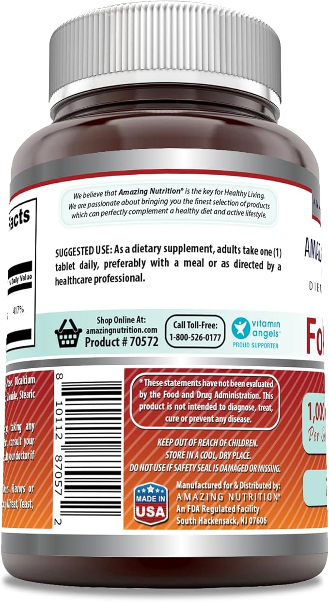 Amazing Formulas Folic Acid 1000 mcg (1 mg) Tablets Supplement | Vitamin B9 | Non-GMO | Gluten Free | Made in USA (240 Count | 2 Pack)