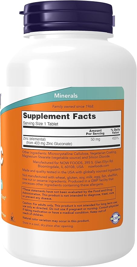 Now Foods, Zinc (Zinc Gluconate) 50 mg, Supports Enzyme Functions*, Immune Support*, 500 Tablets White