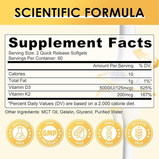 Vitamin D3 K2 Supplement with Vitamin D3 5000 IU, 200 mcg Vitamin K2 MK-7 & Natural Coconut Oil, Plant Based 2-1 Formula for Bone, Teeth, Muscle and Immune Health Support (120 Count (Pack of 2))