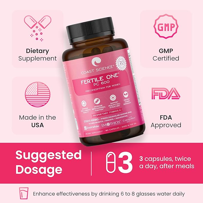 Fertile One PC 600 - Advanced Preconception Supplement with CoQ10 600mg, Nutrient-Rich for Women's Reproductive Health, Ideal for IVF, 180 Vegetable Capsules for Fertility Enhancement