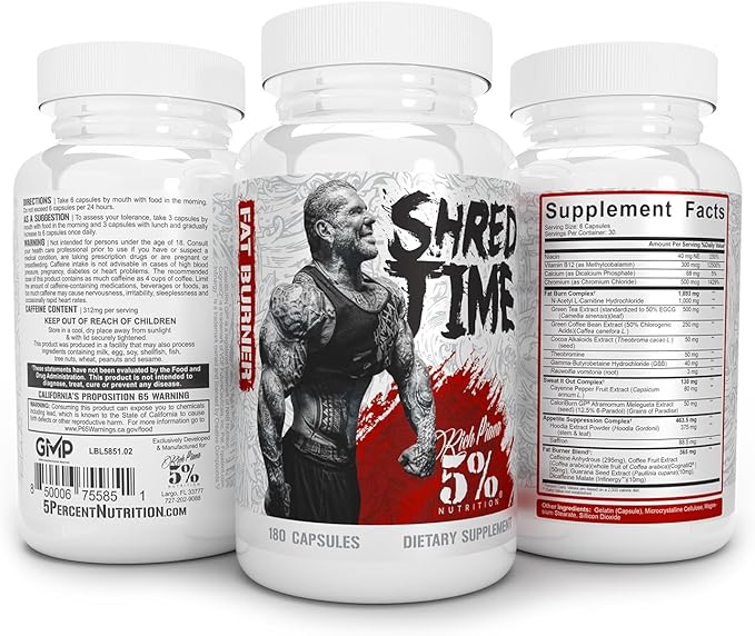 5% Nutrition Shred Time Fat Burner | Green Tea, Coffee Bean, Cayenne, Theobromine, GBB | Appetite Suppression | 30 Servings (180 Capsules)