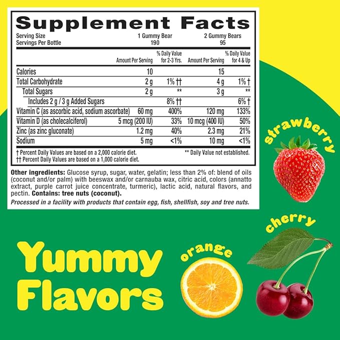 L’il Critters Immune C Daily Gummy Supplement Vitamin for Kids, for Vitamin C, D and Zinc for Immune Support, Orange, Lemon, Strawberry and Cherry Flavors, 190 Gummies (Packaging May Vary)