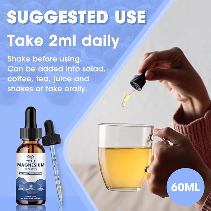 Magnesium Glycinate Liquid Drops 500mg with Taurate & Citrate for Women, Liquid Magnesium Supplement with Potassium & Omega3 for Sleep, Calm and Relax, High Absorption, Blueberry Flavor, 2 Fl Oz