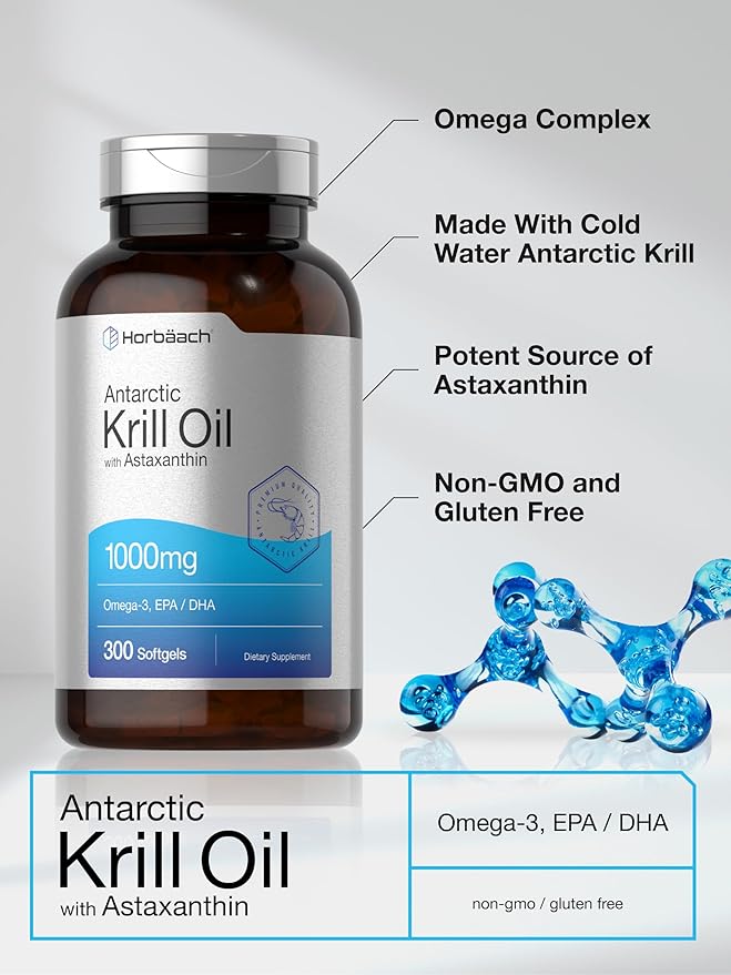 Horbäach Antarctic Krill Oil 1000mg Softgels | 300 Count | Omega 3 Supplements with Astaxanthin, EPA, DHA | Non-GMO, Gluten Free