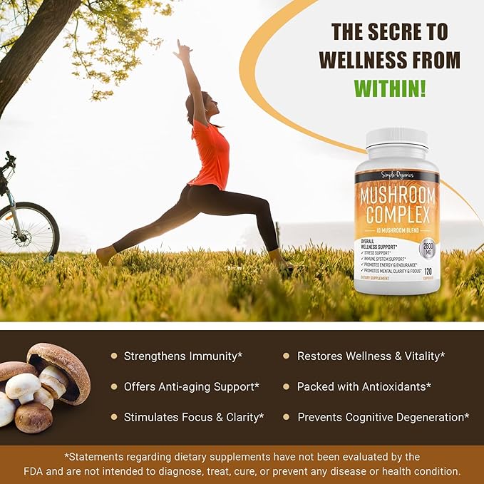 Mushroom Complex, 10 Mushroom Blend for Energy and Immune Support, 2600mg per Serving, 120 Vegan Capsules