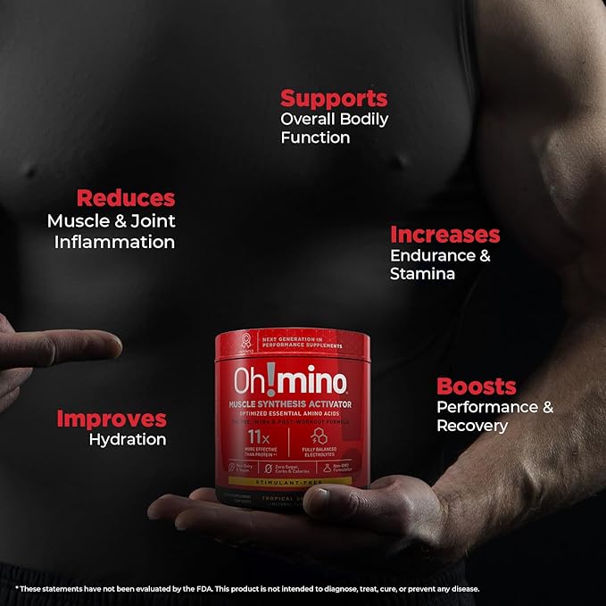 Ohmino Essential Amino Acids for Muscle Gain - BCAAs and EAA Amino acids Powder Supplement, Pre & Post Workout - Non Caffeine, Non Dairy, Vegan, Zero Sugar & Net Carbs - 40 Servings (Tropical Splash)