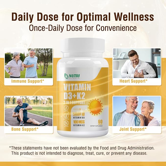 Vitamin D3 K2 with MCT Oil, Vitamin D3 5000 IU and K2 100mcg, Formula 2 in 1 for Bone and Heart Health, Gluten Free - 60 Count Softgels