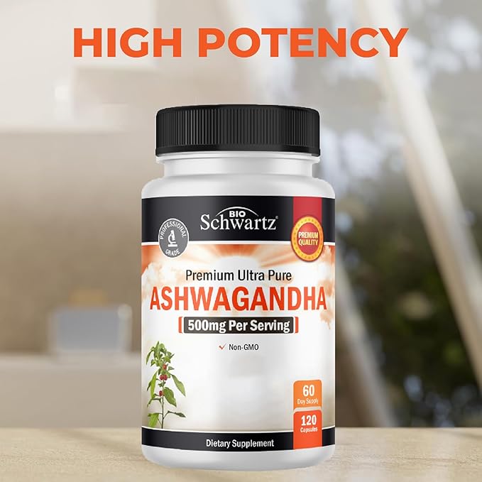 BioSchwartz Ashwagandha Supplements - Extra Strength Ashwagandha Capsules 500mg Per Serving - Gluten Free, Non-GMO, Made in The USA with Globally Sourced Ingredients, 60 Servings (120 Count)