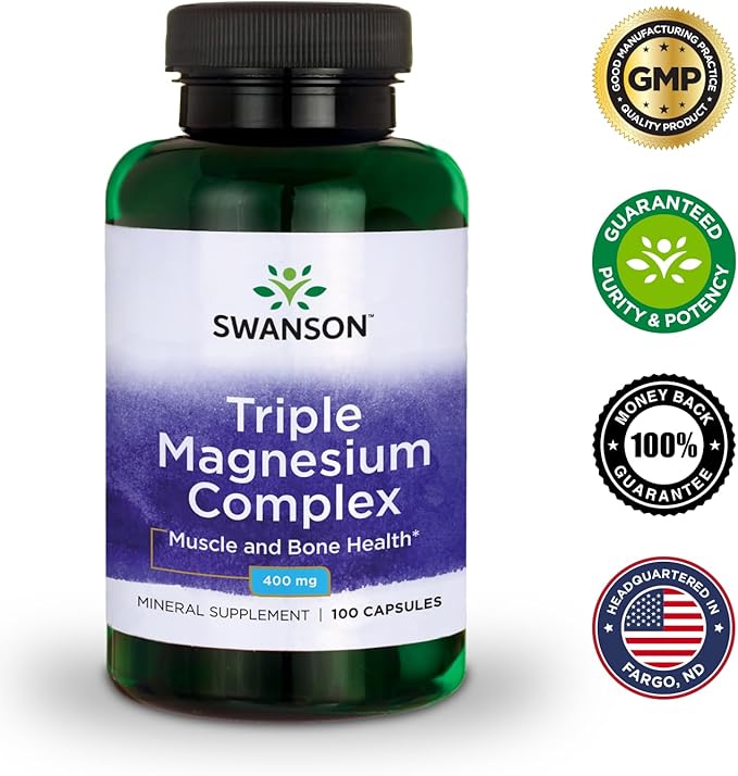 Swanson Triple Magnesium Complex - Mineral Supplement - Natural Support - Featuring Citrate, Oxide & Aspartate - (100 Capsules, 400mg Each)