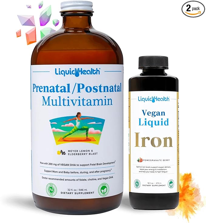 LIQUIDHEALTH Prenatal Baby Booster Pregnancy Vitamin Bundle - Vegan Women's Prenatal/Postnatal Multivitamin with SunActive & Ferrochel Iron, Folate, Whole Foods - Made in The USA, 100% Vegan (Bundle)