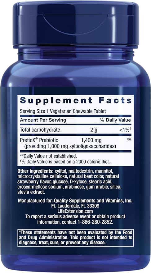 Life Extension FLORASSIST® Prebiotic Chewable (Strawberry), 1000 mg xylooligosaccharides, prebiotic Supplement Provides Fuel for Gut Flora, Gluten-Free, Non-GMO, Vegetarian, 60 chewable Tablets