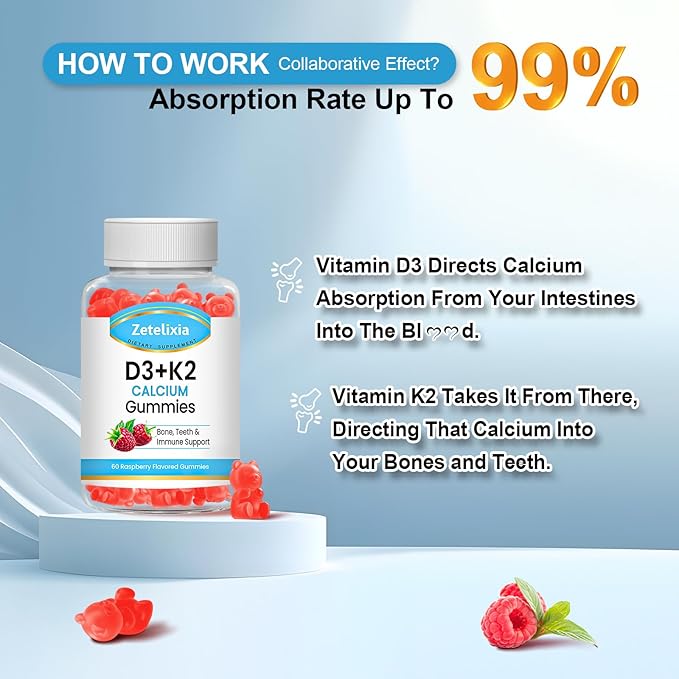 Sugar-Free Vitamin D3 K2 Gummies, Vitamin D3 2000 IU, K2 (MK7) 120mcg, Calcium 600 mg with Vitamin D3, Support Bone & Immune Health, Vegan, Gluten Free, 120 Count, 2 Packs