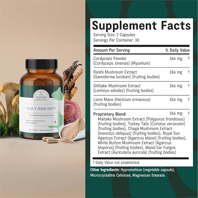 Daily Immunity - Mushroom Supplement Capsules with Lion’s Mane, Turkey Tail, Cordyceps, Reishi - Brain Support, Focus, Energy & Immune Booster - 60 Ct