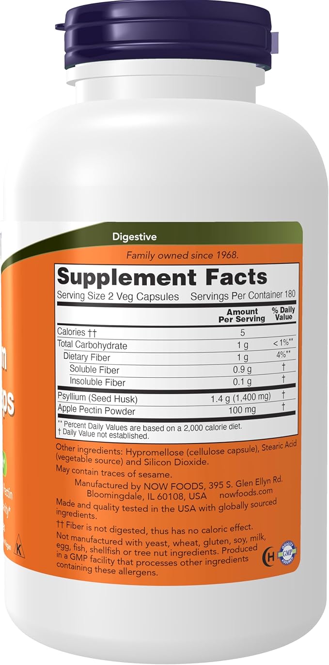NOW Foods Supplements, Psyllium Husk Caps 700 mg with 50 mg of Apple Pectin, Intestinal Health*, 360 Veg Capsules