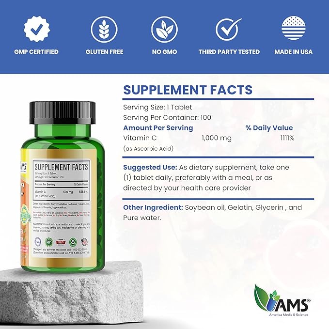 America Medic & Science Rapid-C 500mg Vitamin C Supplement (3 Pack of 100 Tablets) Energy Booster, Daily Immune System Support, Antioxidant | Vegan, Non-GMO Coated Ascorbic Acid for Adult Men & Women