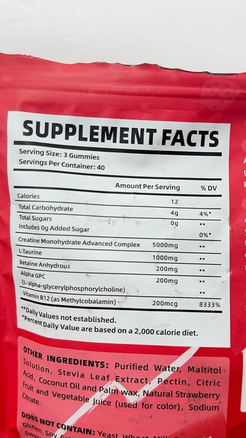 Creatine Monohydrate Gummies Complex for Men & Women - 120 Gummies Advanced Formula, L-Taurine + Vitamin B12 for Muscle Strength, Muscle Builder, Energy Boost, Pre-Workout Supplement-Strawberry