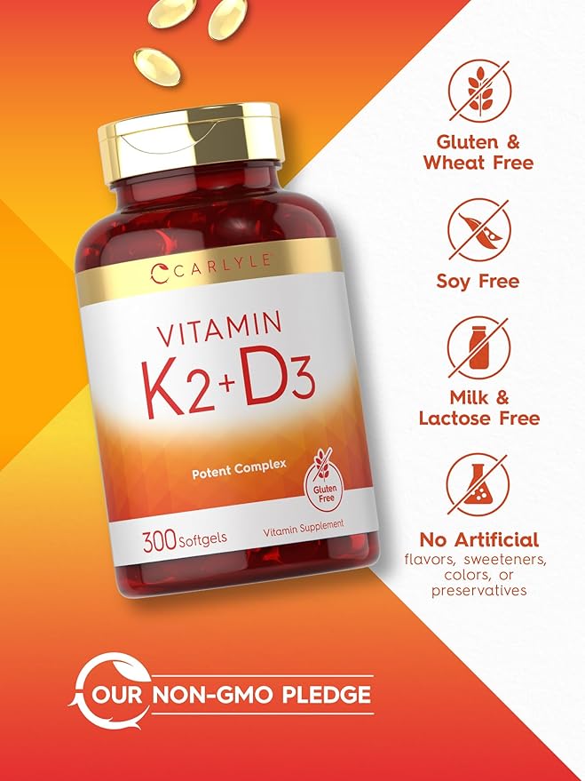 Carlyle Vitamin K2 and D3 Supplement | 300 Softgels | 200mcg K2 MK7 & 10,000 IU D3 | Non-GMO, Gluten Free