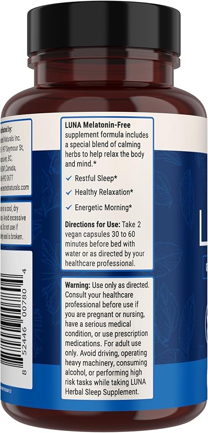Nested Naturals Luna Melatonin-Free Pack of Two, Bedtime Supplement for Adults, Herbal Nighttime Sleeping Capsule, Valerian Root with Chamomile, Lemon Balm, Non-GMO, Gluten-Free