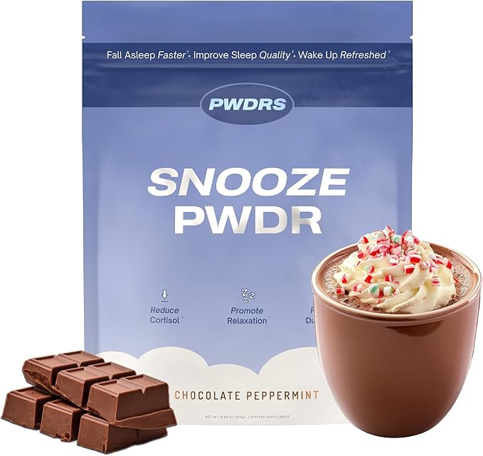 PWDRS Snooze Sleepy Time Hot Chocolate | All Natural Sleep Support | Magnesium Glycinate, L Theanine, Chamomile, Electrolytes | 20 Calories, Non GMO | Chocolate Peppermint
