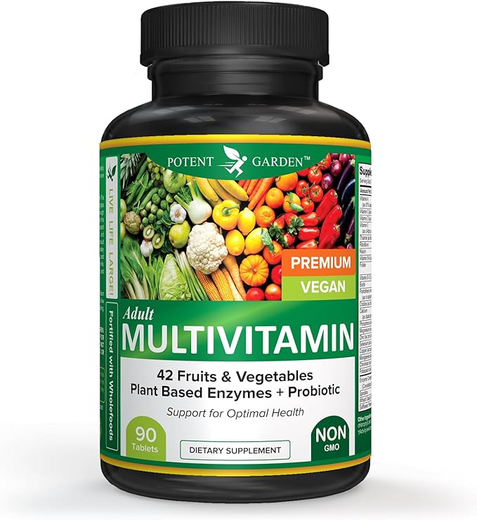 Potent Garden Adult Multivitamin for Women & Men, 42 Fruits & Vegetables Plus Probiotics, Supports Energy Metabolism & Immune System, Daily Multivitamin for Men & Women Non-GMO, 90 Tabs, 30 Servings