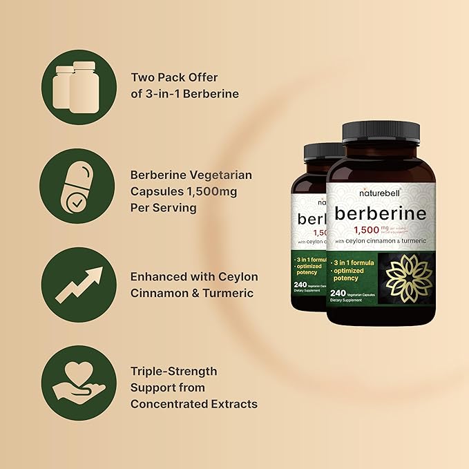2 Pack Berberine Supplement 1500mg, 480 Veggie Capsules | Plus 1000mg True Ceylon Cinnamon & 300mg Turmeric – 97% Berberine HCL – Plant-Based, Vegan, Non-GMO