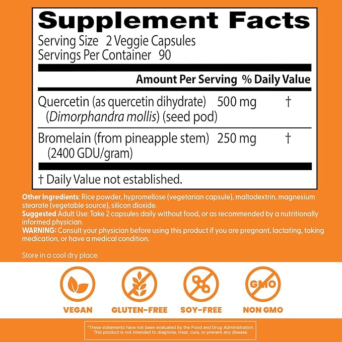 Doctor's Best Quercetin Bromelain, Immunity Support Capsule, Heart, Joint & Healthy Respiratory System, Non-GMO, Vegan, Gluten Free, Soy Free,180 VC
