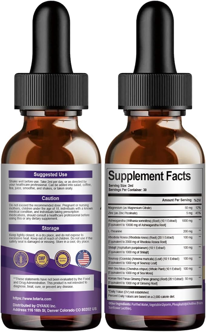 (2 Packs) Liposomal Ashwagandha Liquid Drops w/Soursop Bitters, L-Theanine, Shilajit, Maximum Absorption, Natural Energy, Cortisol Health for Women & Men, Non-GMO, Alcohol Free