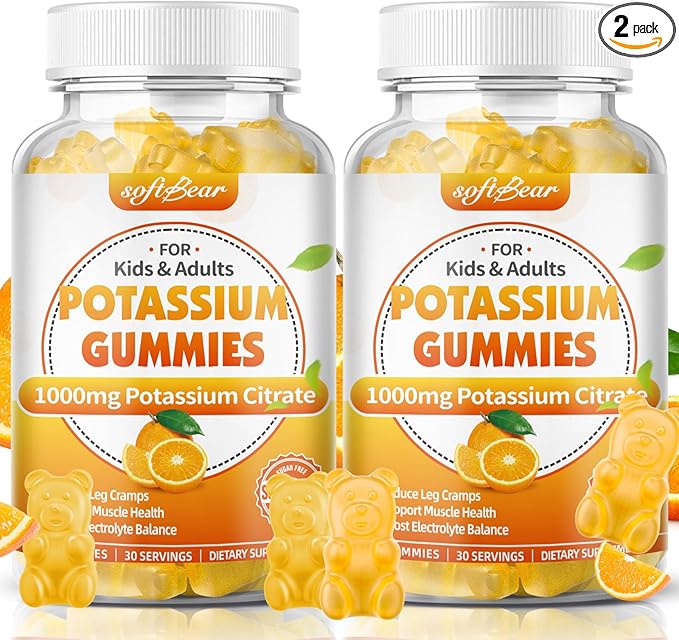 softbear Potassium Citrate 1000mg, Sugar Free Potassium Gummies for Adults Support Leg Cramps & Muscle Health High Potency Potassium Supplement Gummies Orange Flavor 120 Count
