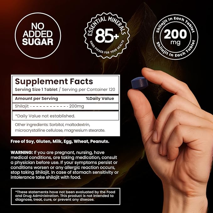Shilajit Tablets for Men - Gold Grade - No Added Sugar - 120 Dry Drops - Organic - Lab Tested