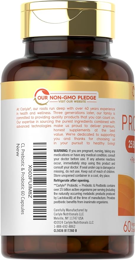 Carlyle Probiotic with Prebiotics & Postbiotics | 25 Billion CFU | 60 Capsules | Supplement for Women & Men | Powder Pills | Vegetarian, Non-GMO & Gluten Free