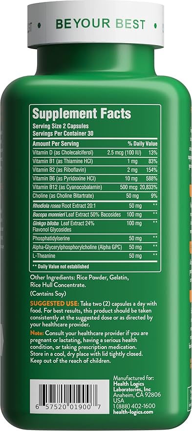 Health Logics Focus! - Brain Supplement for Memory, Clarity, Concentration with Choline, Ginkgo Biloba, Alpha GPC, Phosphatidylserine, Bacopa Monnieri l 60 Capsules l Non-GMO