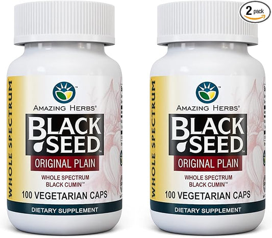 Amazing Herbs Whole Spectrum Black Seed Original Plain, Vegetarian Capsules - Gluten Free, Non GMO, Cold Pressed Nigella Sativa Aids in Digestive Health - 100 Count, 475mg (2-Pack)