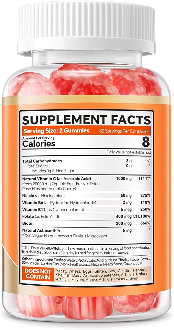 Astaxanthin Supplements 6mg + Liposomal Vitamin C 1000mg - Dual Layer - Niacin B6,B12,Folate,Biotin - Antioxidants - Gelatin Free,Sugar Free,60Cts