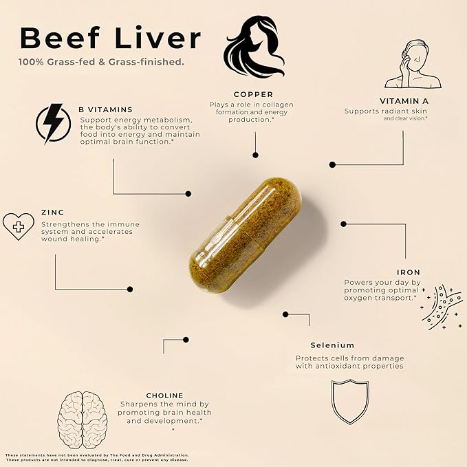 Grass Fed Beef Liver Capsules | Dessicated Liver Supplement | Freeze Dried Liver Pills | 30 Servings | 3000 mg | 120 Count